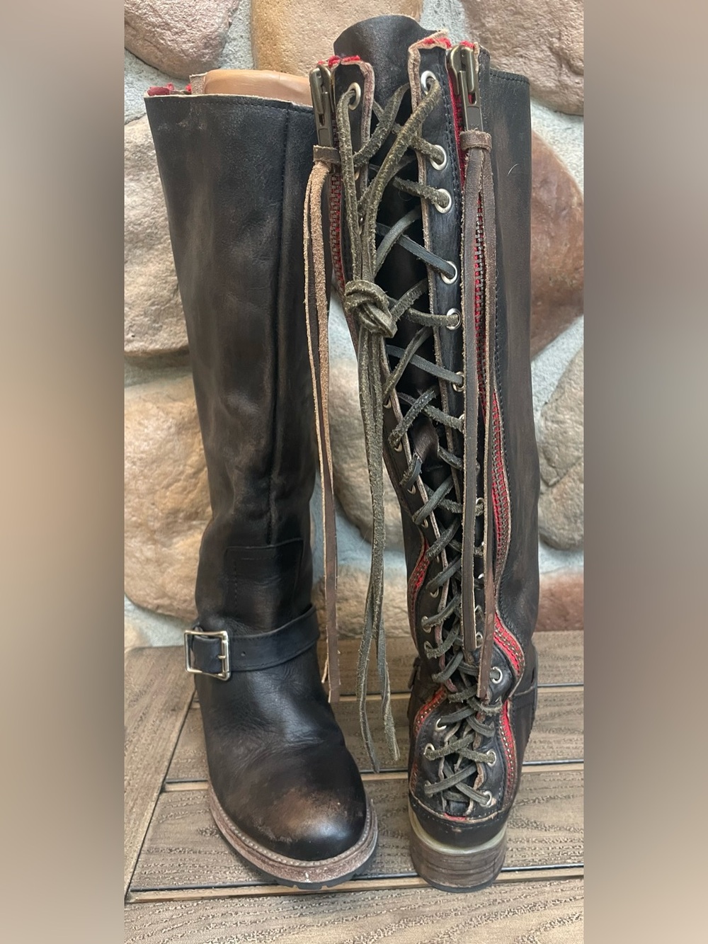 FREEBIRD By STEVEN Lancaster LACEUP Distressed TALL Festival BOHO Moto Boots 10